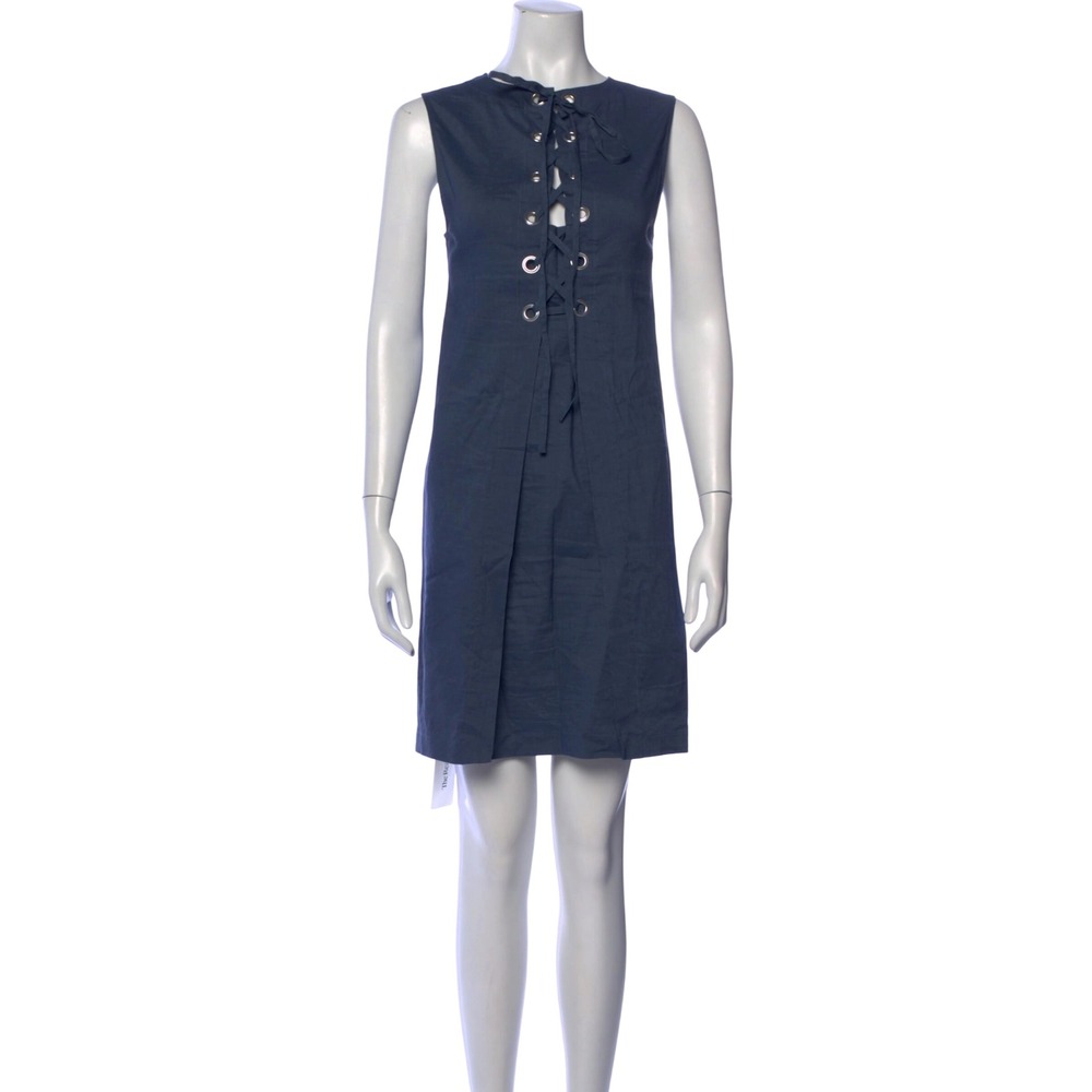 Theory Navy Linen Sleeveless Lace Up Grommet Crewneck Shift Mini Dress Womens 8